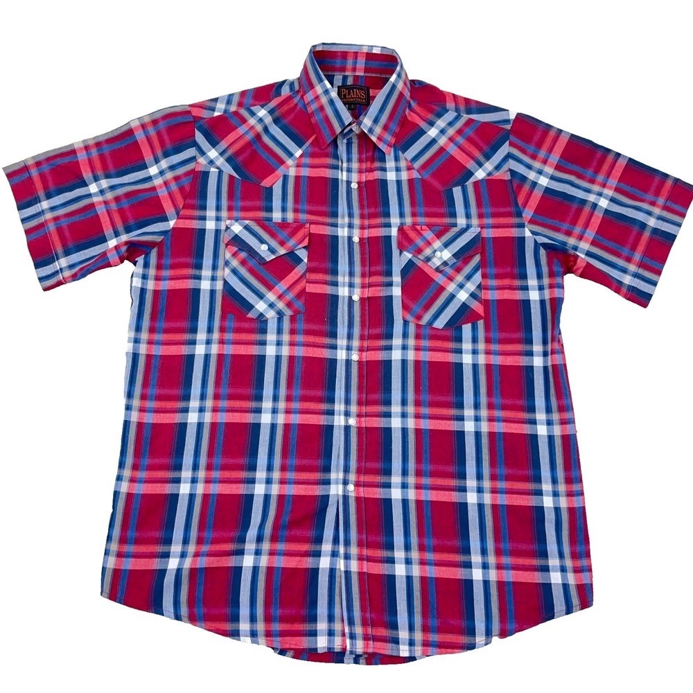 Plains Western Wear Shirt‎ Men Large Red Plaid Pearl Snap Button Cowboy Yoke